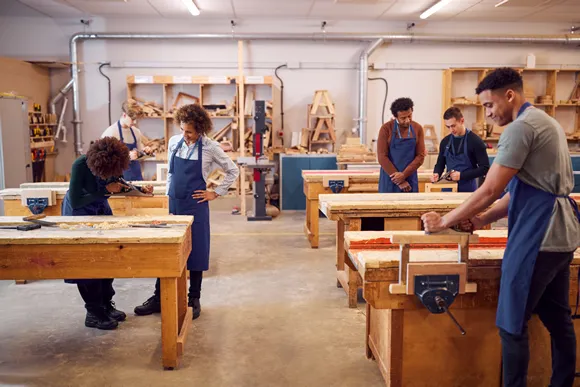 view of carpentry workshop with students