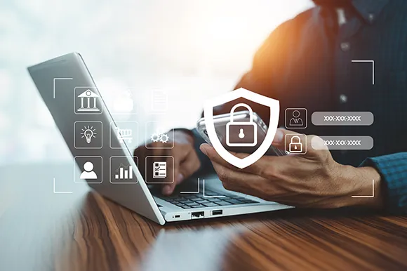 Businessman using password for cybersecurity 